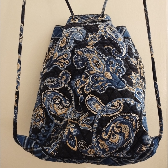 Vera Bradley Drawstring Backpack Blue Floral and Plaid Pattern - Picture 3 of 16
